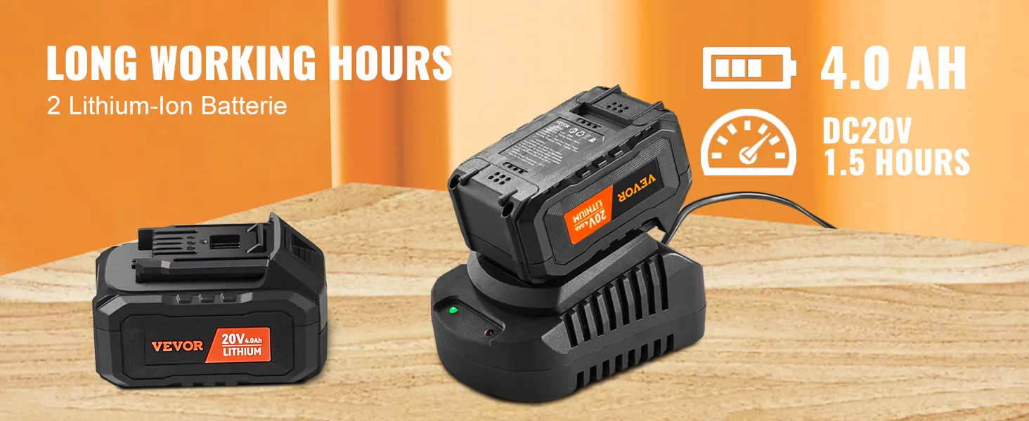 VEVOR rotary hammer drill 20v lithium-ion battery with charger, 4.0 ah, long working hours.