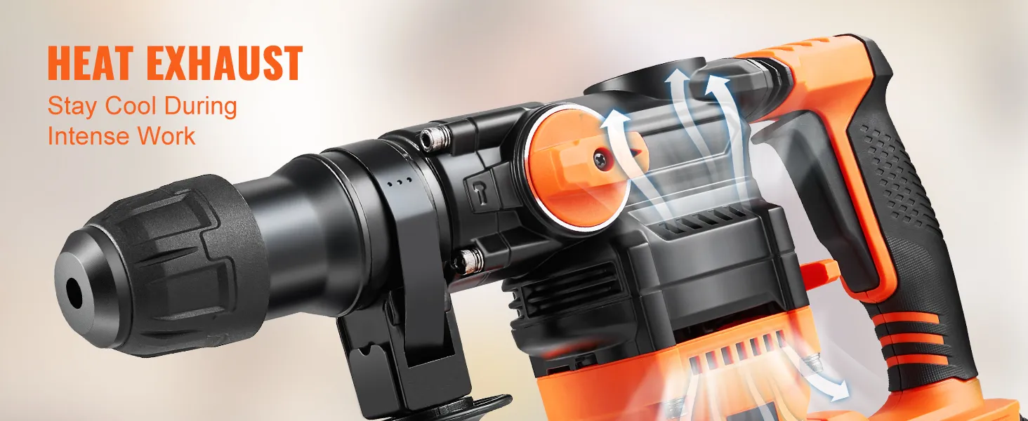VEVOR rotary hammer drill with heat exhaust feature to stay cool during intense work.