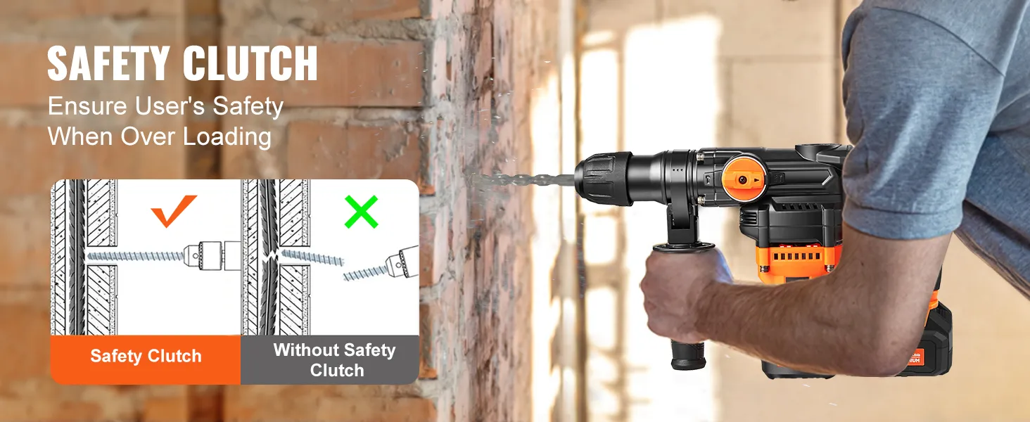 man drilling with VEVOR rotary hammer drill showcasing safety clutch feature for overload protection.