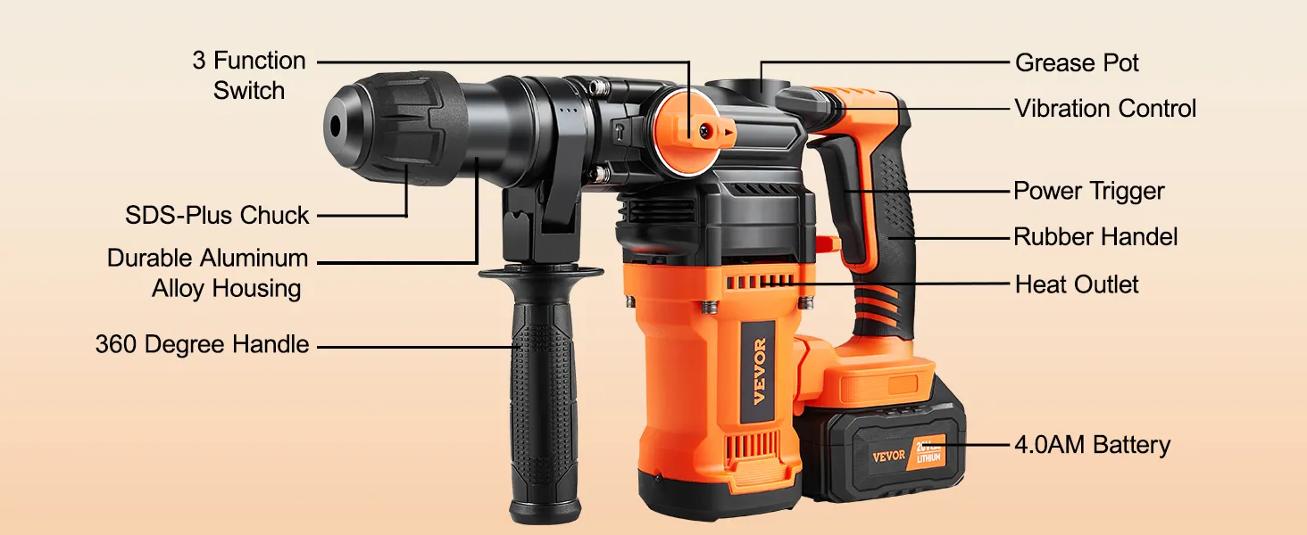VEVOR rotary hammer drill with 3 function switch, sds-plus chuck, 360 handle, and 4.0ah battery.