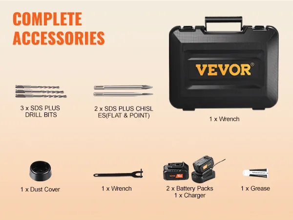 VEVOR rotary hammer drill with case, drill bits, chisels, wrenches, dust cover, batteries, charger, grease.