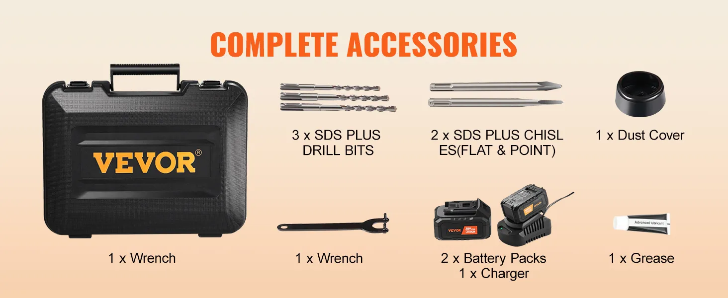VEVOR rotary hammer drill with case, drill bits, chisels, wrenches, dust cover, batteries, charger, grease.
