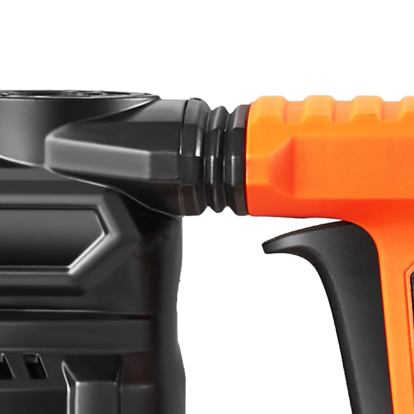 close-up of VEVOR rotary hammer drill handle with black and orange detailing.