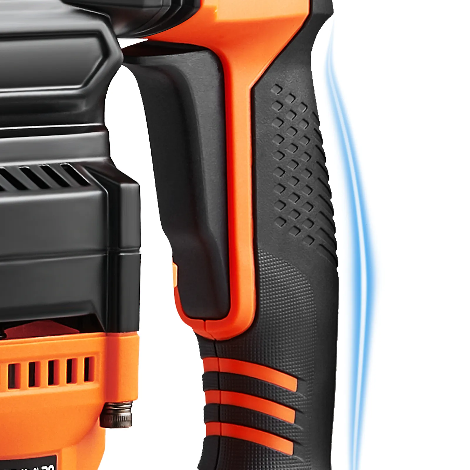 VEVOR rotary hammer drill close-up featuring an ergonomic handle with black and orange accents.