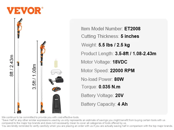 VEVOR 2-in-1 Cordless Pole Saw & Mini Chainsaw, 20V 4Ah Battery Pole Chainsaw, 5" Cutting Capacity 8 ft Reach Pole Saw for Branch Cutting & Tree Trimming (Battery and Blade Cover Included)