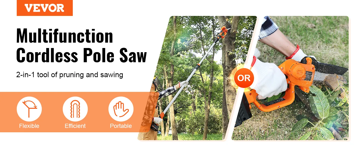 Motosierra de pértiga inalámbrica VEVOR para podar y serrar de forma flexible, eficiente y portátil.