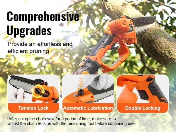 Motosierra de pértiga inalámbrica VEVOR naranja que corta la rama de un árbol con bloqueo de tensión, lubricación automática y doble bloqueo.