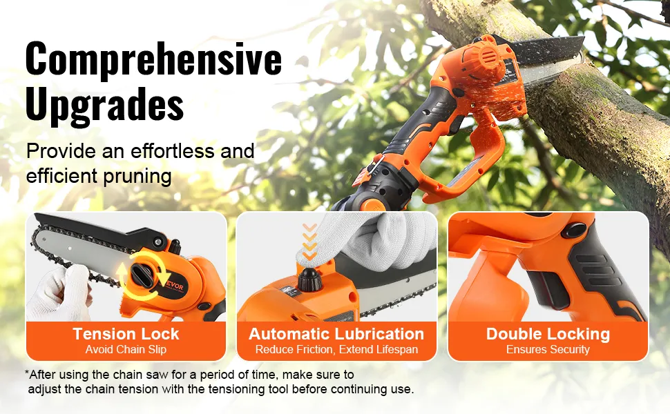 Motosierra de pértiga inalámbrica VEVOR naranja que corta la rama de un árbol con bloqueo de tensión, lubricación automática y doble bloqueo.