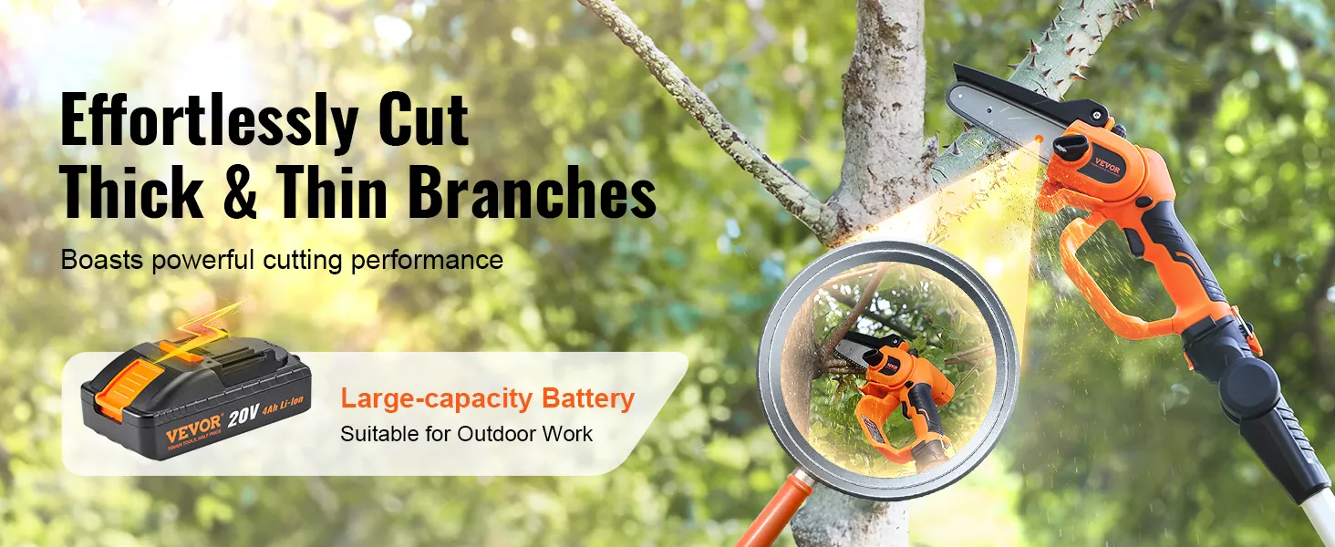 Motosierra de pértiga inalámbrica VEVOR para cortar ramas de árboles con batería de gran capacidad para trabajos al aire libre.