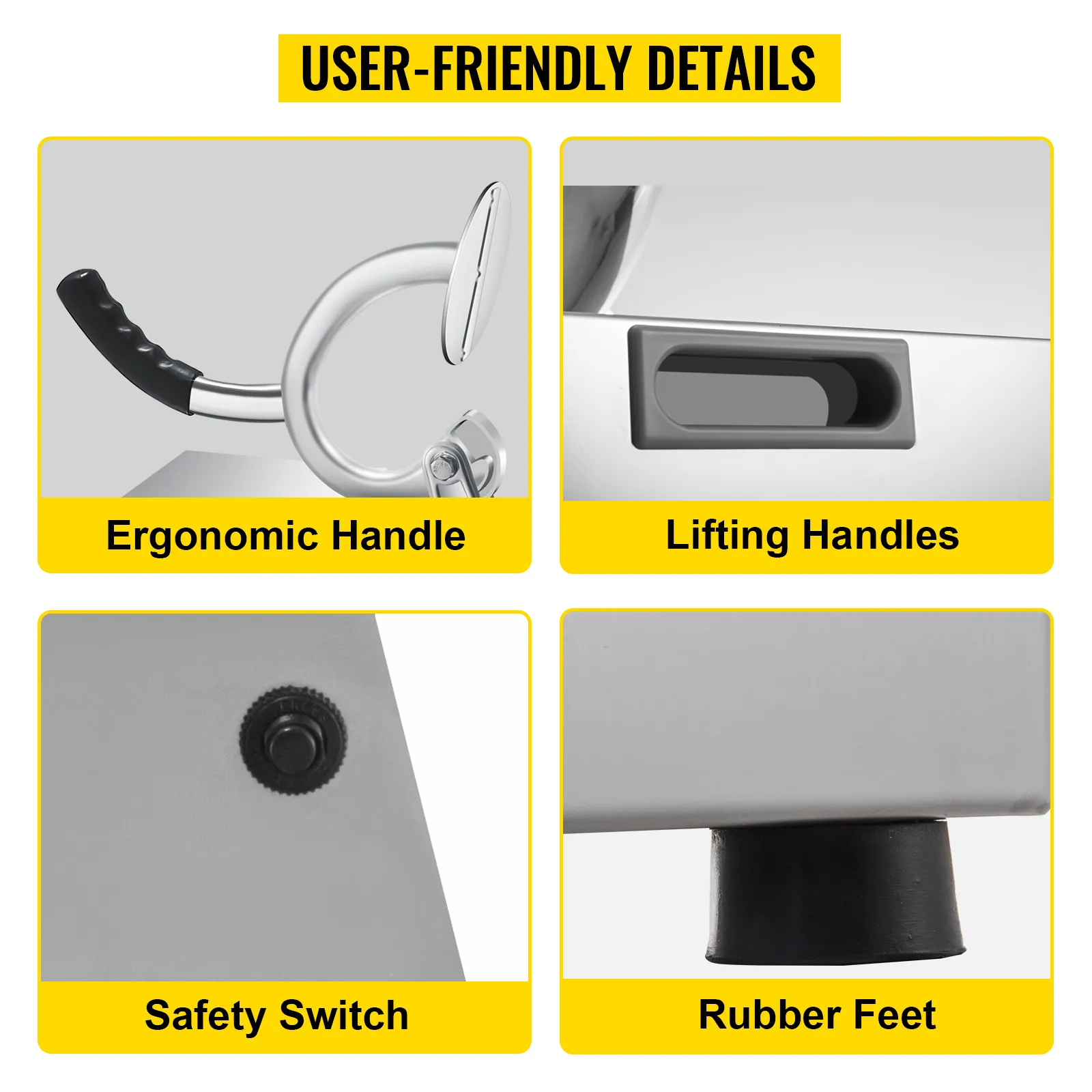Detalles fáciles de usar de la máquina para hacer granizados VEVOR: mango ergonómico, asas de elevación, interruptor de seguridad, pies de goma.