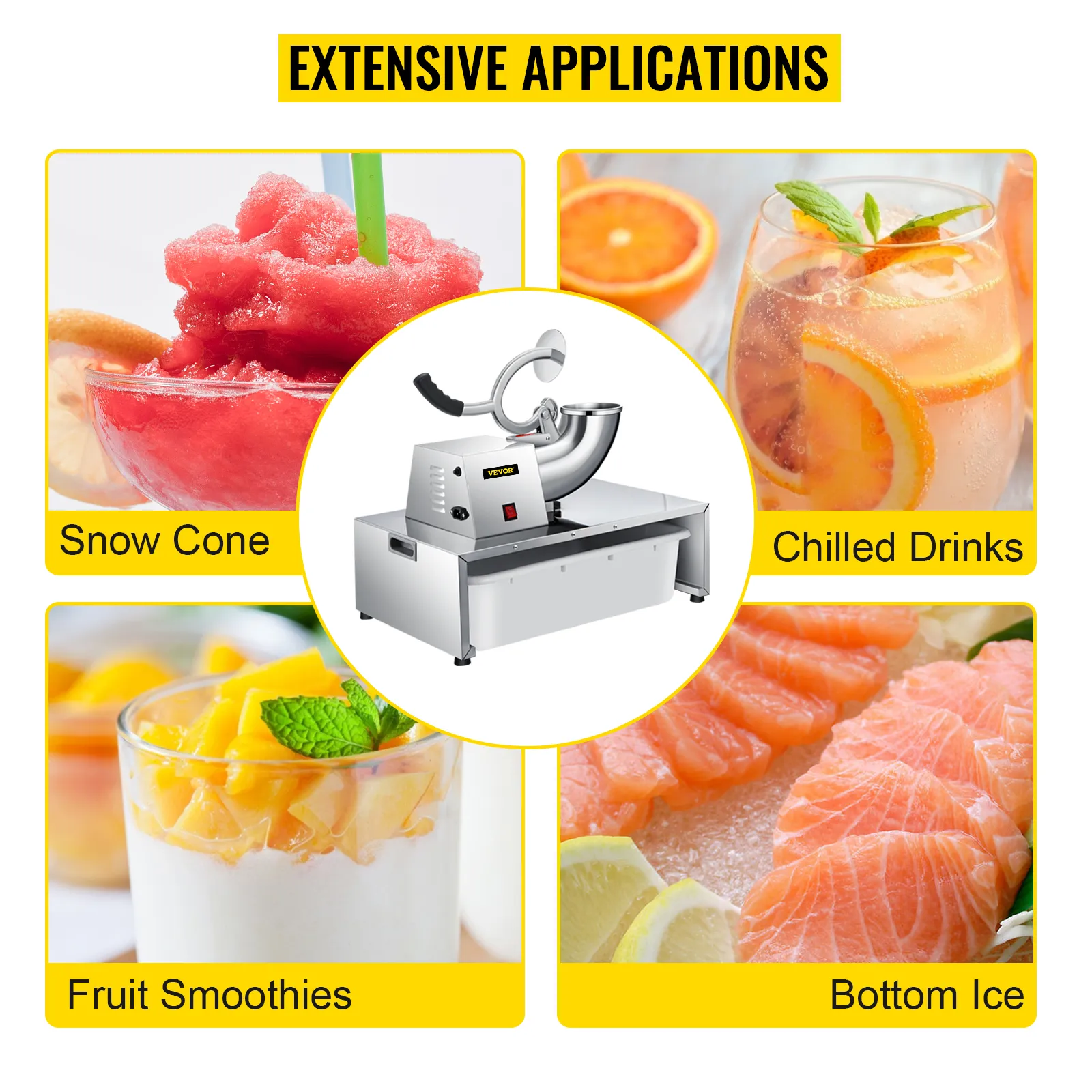 Máquina para hacer granizados VEVOR para batidos de frutas, bebidas frías, hielo en el fondo y conos de nieve.