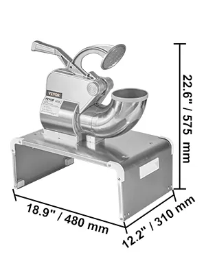 Máquina compacta para fabricar conos de nieve VEVOR con dimensiones mostradas en mm y pulgadas.