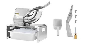 Máquina para hacer conos de nieve VEVOR, bandeja de hielo, cuchara y accesorios sobre un fondo blanco.