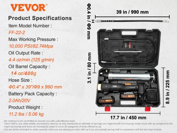 Smarownica akumulatorowa VEVOR FF-22-2 z walizką, wężem, bateriami i ładowarką. Pokazano specyfikacje i wymiary.