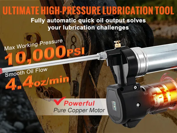 Bezprzewodowa smarownica VEVOR o ciśnieniu 10 000 psi, przepływie 4,4 oz/min, silniku miedzianym i pojemności 500 g oleju.
