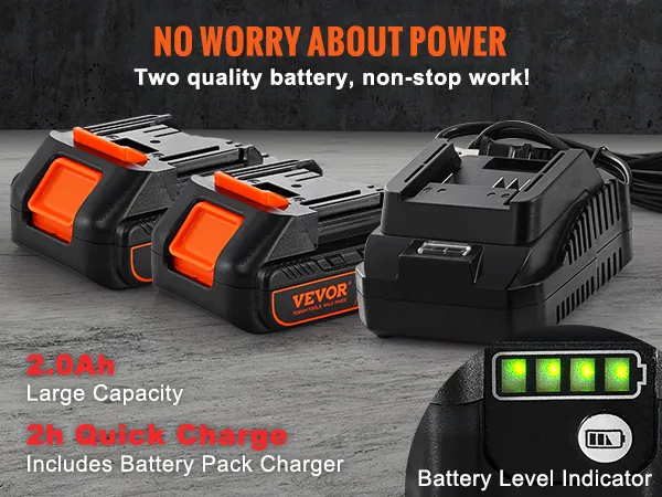 dwa akumulatory jakości VEVOR, ładowarka i wskaźnik poziomu naładowania akumulatora; szybkie ładowanie 2 godziny; duża pojemność 2,0 Ah.