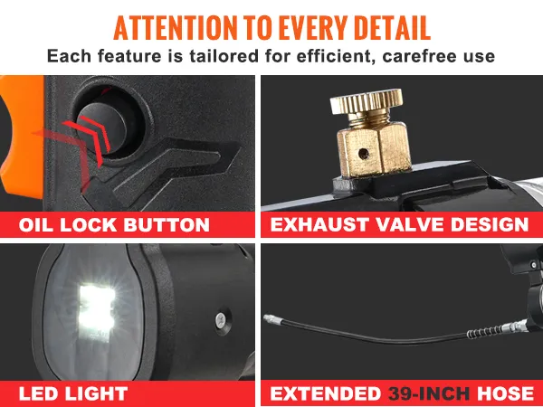 Bezprzewodowa smarownica VEVOR jest wyposażona w przycisk blokady oleju, lampkę LED, zawór wydechowy i wąż o długości 39 cali.