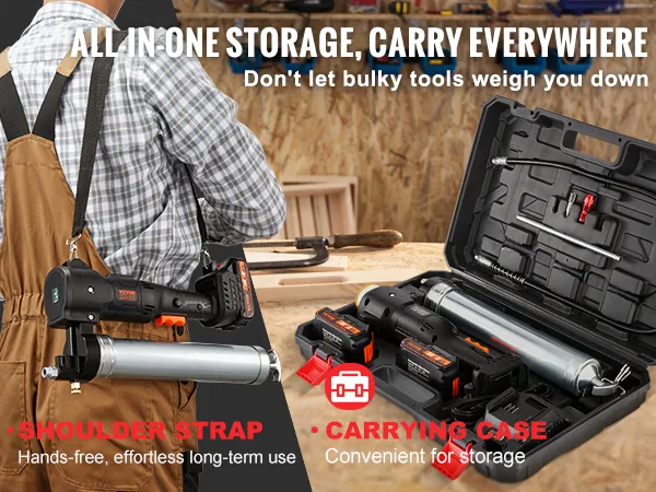 Smarownica akumulatorowa VEVOR z paskiem na ramię i torbą transportową dla łatwego przechowywania i transportu.