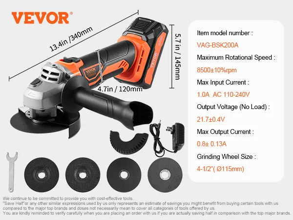 VEVOR cordless angle grinder with dimensions and specifications, including grinding wheel and accessories.
