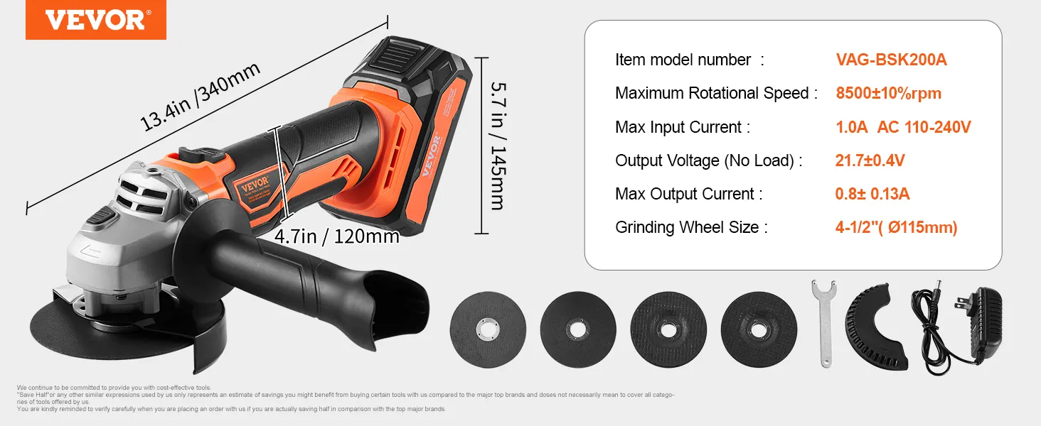 VEVOR cordless angle grinder with dimensions and specifications, including grinding wheel and accessories.
