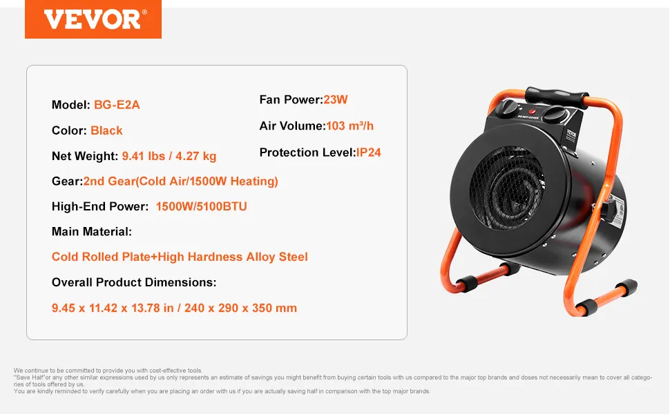 VEVOR greenhouse heater with 23w fan power, black color, 1500w/5100btu heating, and ip24 protection level.