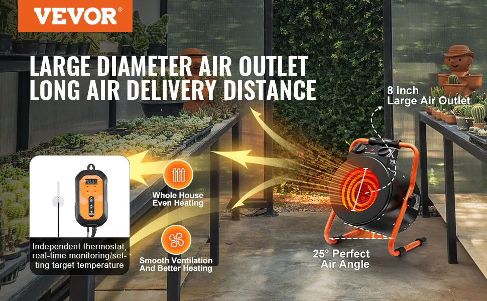 VEVOR greenhouse heater with 8-inch air outlet and thermostat for even heating and smooth ventilation.