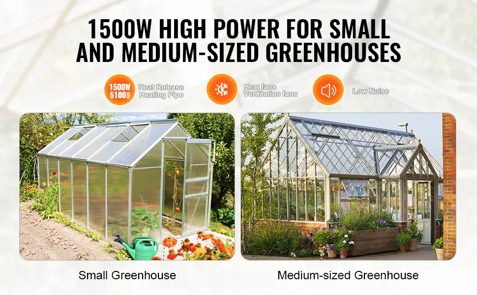 VEVOR greenhouse heater, 1500w for small and medium-sized greenhouses, provides efficient heating.