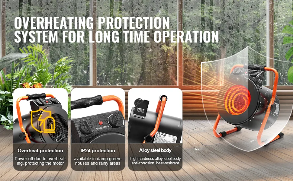 VEVOR greenhouse heater with overheat protection, ip24 rating for damp conditions, and durable alloy steel body.