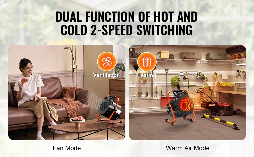 VEVOR greenhouse heater offers dual function with fan mode for ventilation and warm air mode for heating.