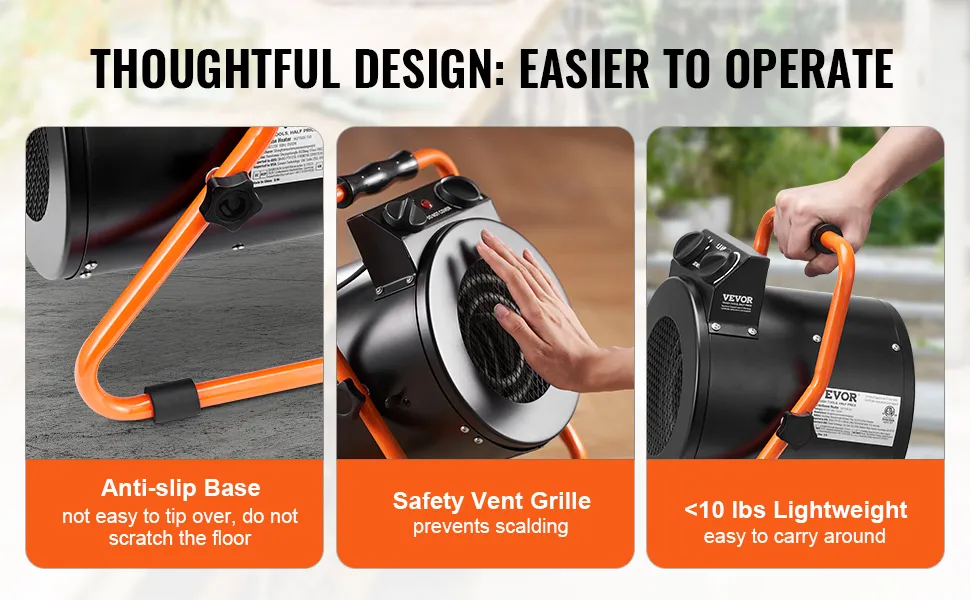 VEVOR greenhouse heater features anti-slip base, safety vent grille, and lightweight design for easy transport.