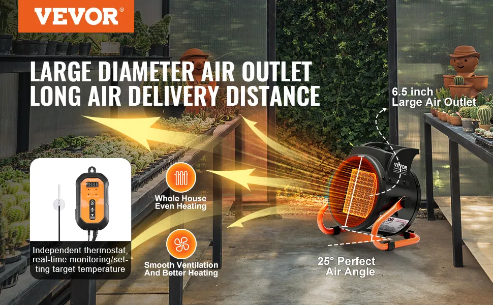 VEVOR greenhouse heater with large air outlet, and thermostat for even heating and smooth ventilation.