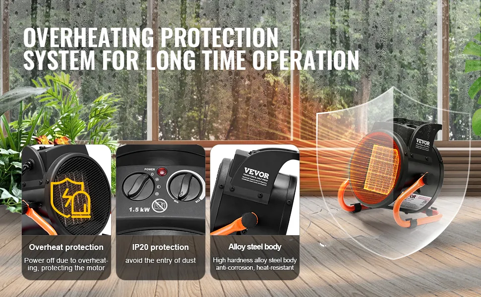 VEVOR greenhouse heater with overheating and ip20 protection, alloy steel body in a lush indoor garden.