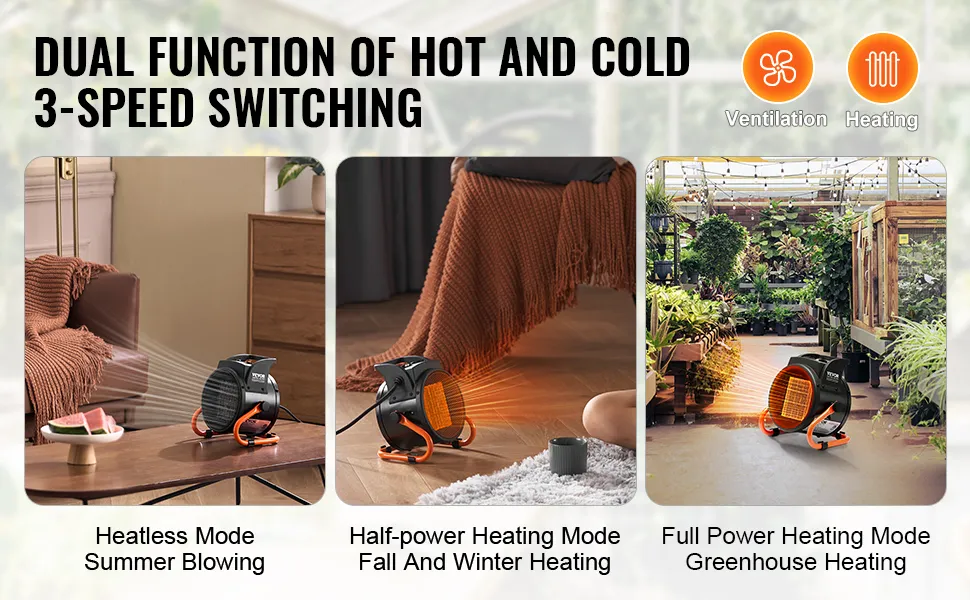 VEVOR greenhouse heater with dual hot and cold functions, 3-speed switching for year-round use.