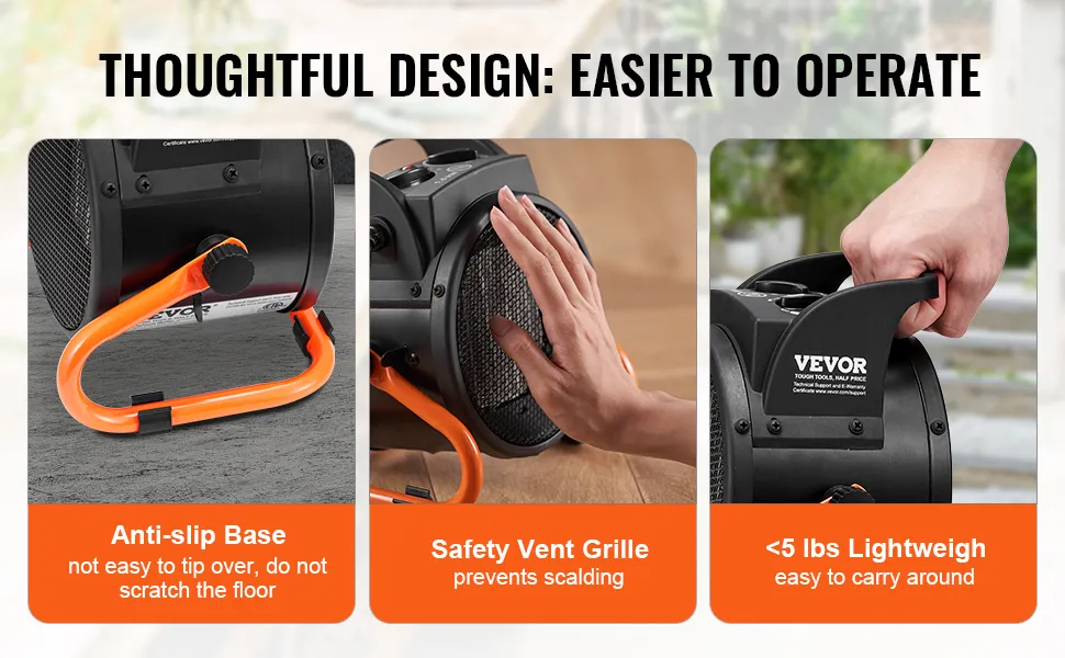 VEVOR greenhouse heater with anti-slip base, safety vent grille, and lightweight design under 5 lbs.