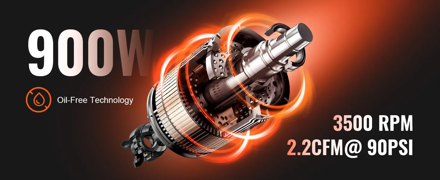 900w VEVOR ultra quiet air compressor, oil-free technology, 3500 rpm, 2.2 cfm at 90 psi, black background.