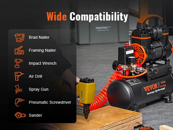 VEVOR ultra quiet air compressor for brad nailer, framing nailer, spray gun, and other tools.