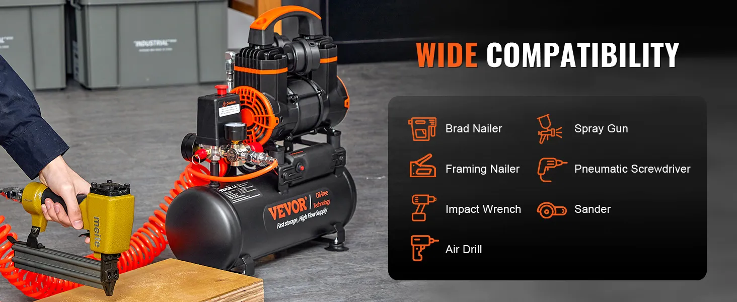 VEVOR ultra quiet air compressor for brad nailer, framing nailer, spray gun, and other tools.