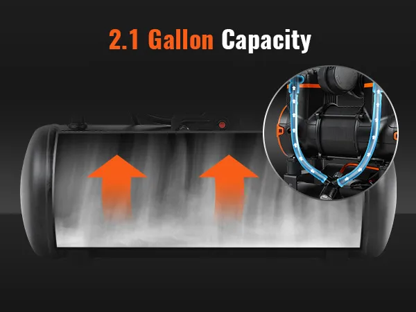 VEVOR ultra quiet air compressor with 2.1-gallon capacity and internal airflow arrows.