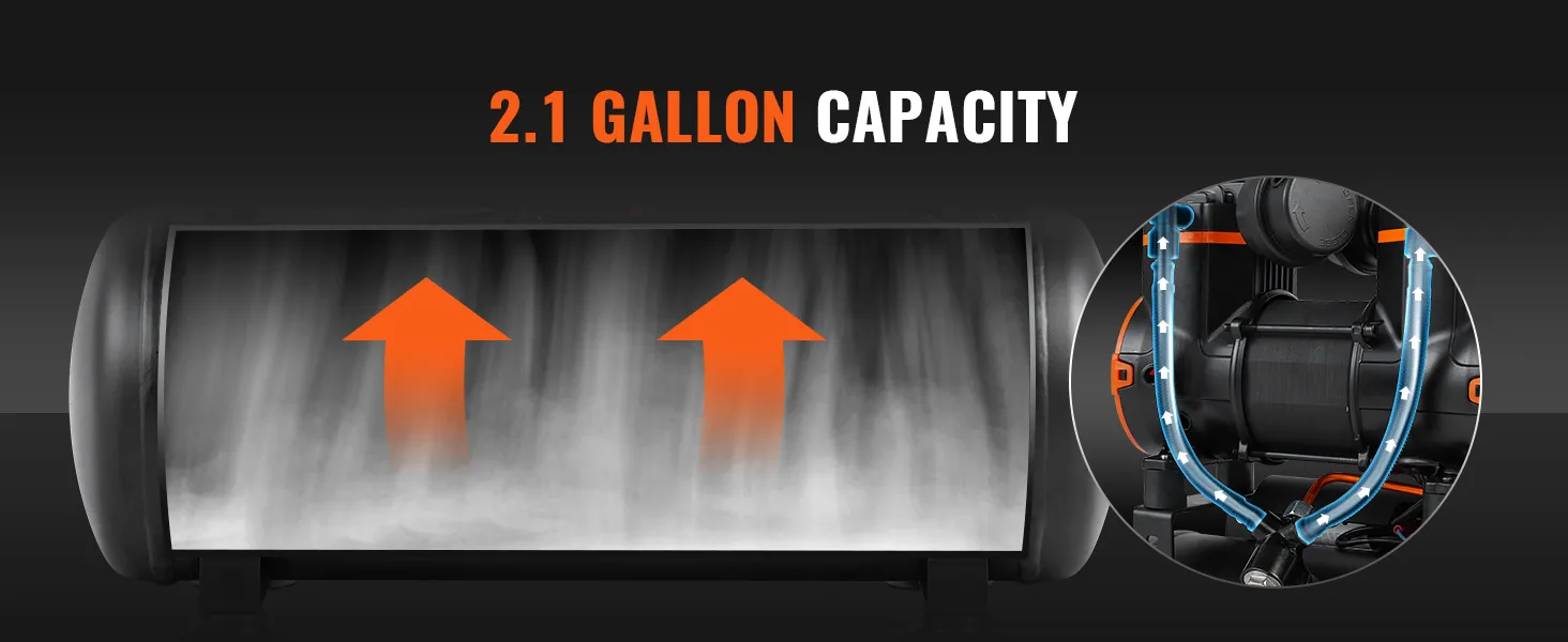 VEVOR ultra quiet air compressor with 2.1-gallon capacity and internal airflow arrows.