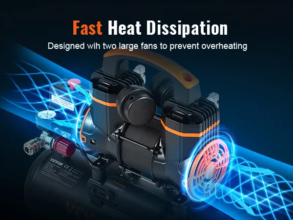 VEVOR ultra quiet air compressor with dual fans for fast heat dissipation, preventing overheating.