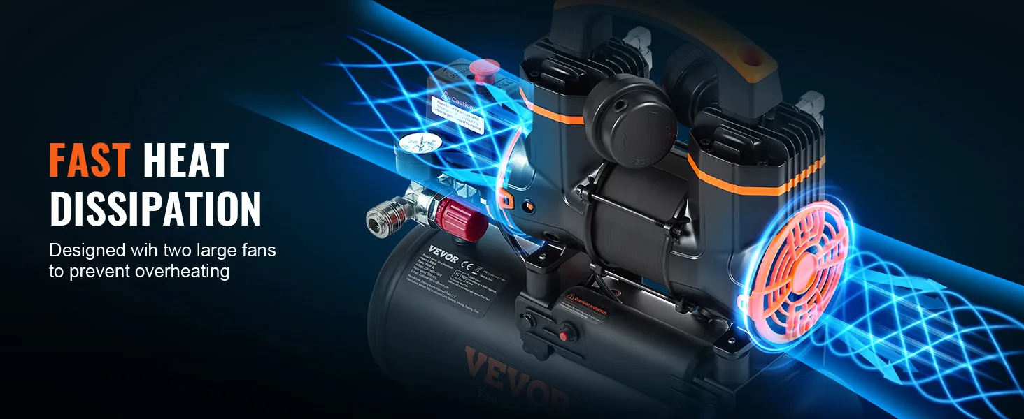 VEVOR ultra quiet air compressor with dual fans for fast heat dissipation, preventing overheating.