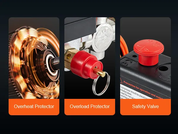 VEVOR ultra quiet air compressor highlights: overheat protector, overload protector, safety valve.