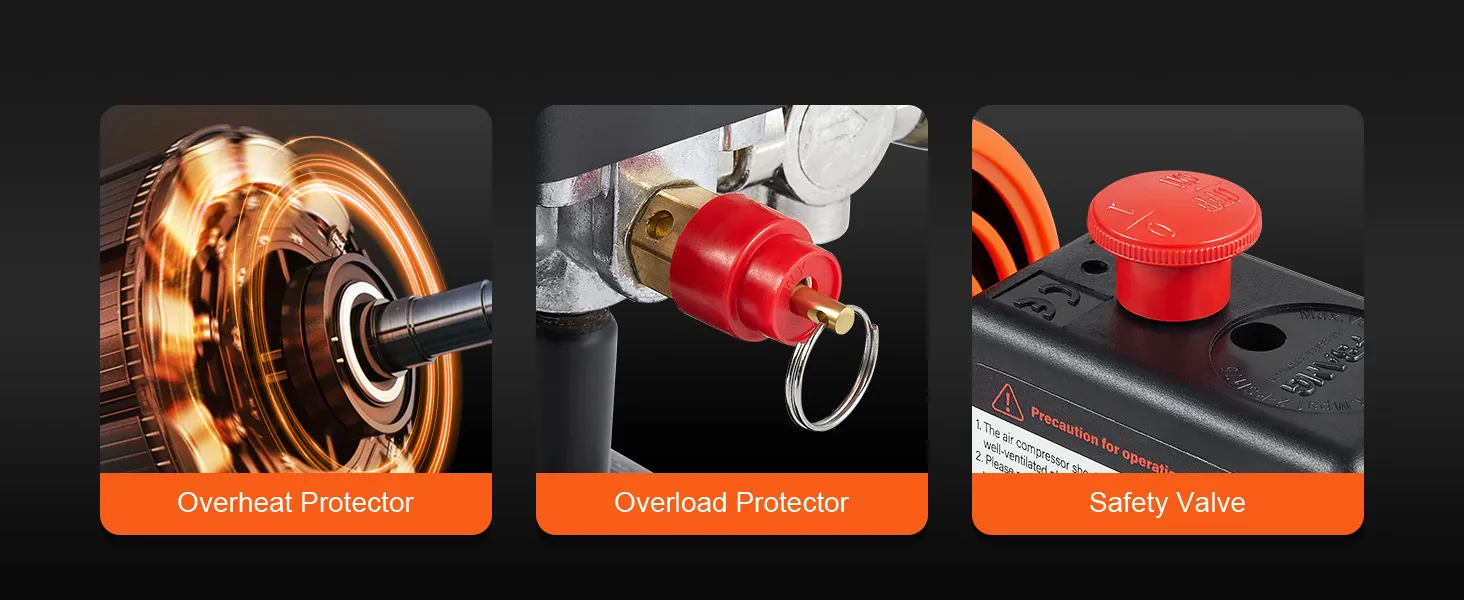 VEVOR ultra quiet air compressor highlights: overheat protector, overload protector, safety valve.
