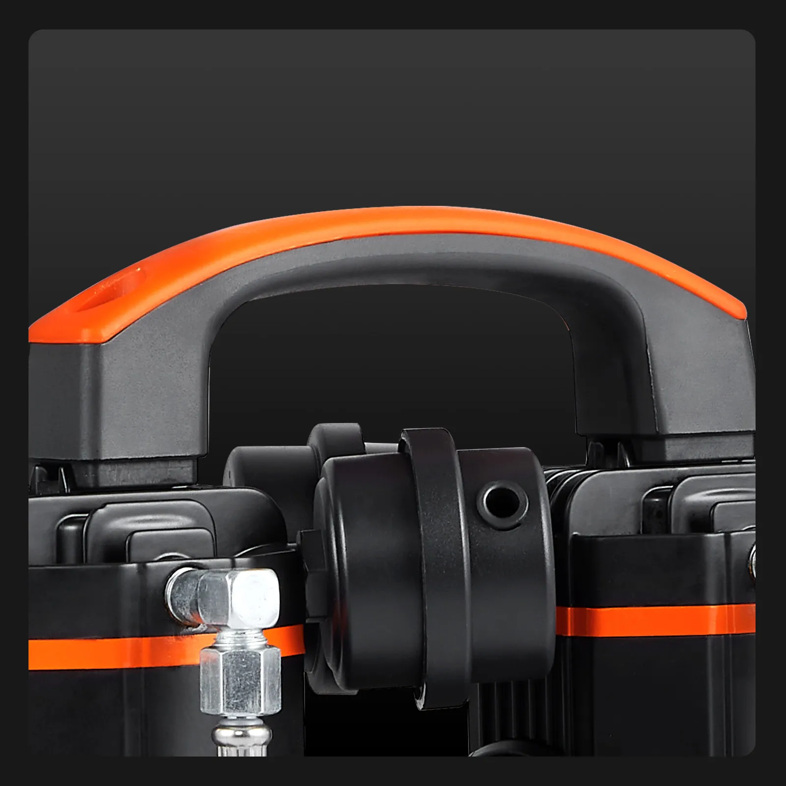 close-up of VEVOR ultra quiet air compressor handle with black and orange design elements.