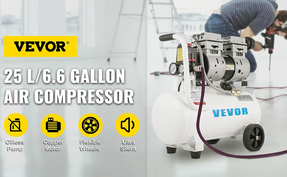 VEVOR air compressor 25l/6.6 gallon with oilless pump, copper motor, and flexible wheels.