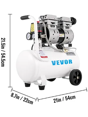 VEVOR air compressor, white, 21.5x8.7x21 inches, with dual gauges and black wheels
