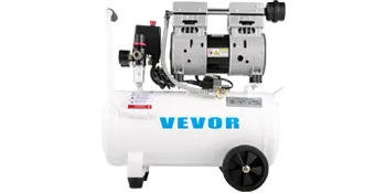 white VEVOR air compressor with dual cylinders and wheels for portability.