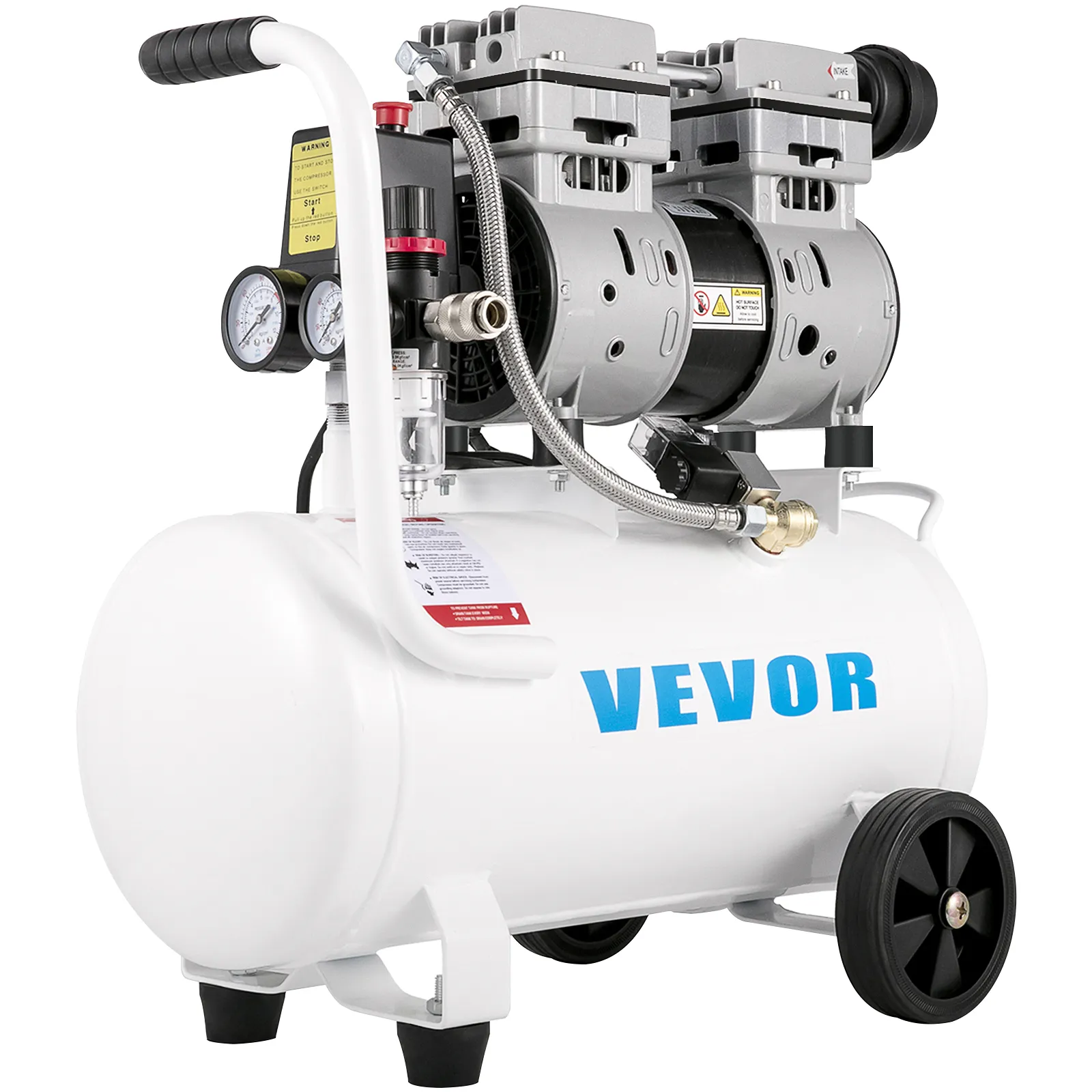 VEVOR air compressor with double tanks, gauges, and hose on a white background.