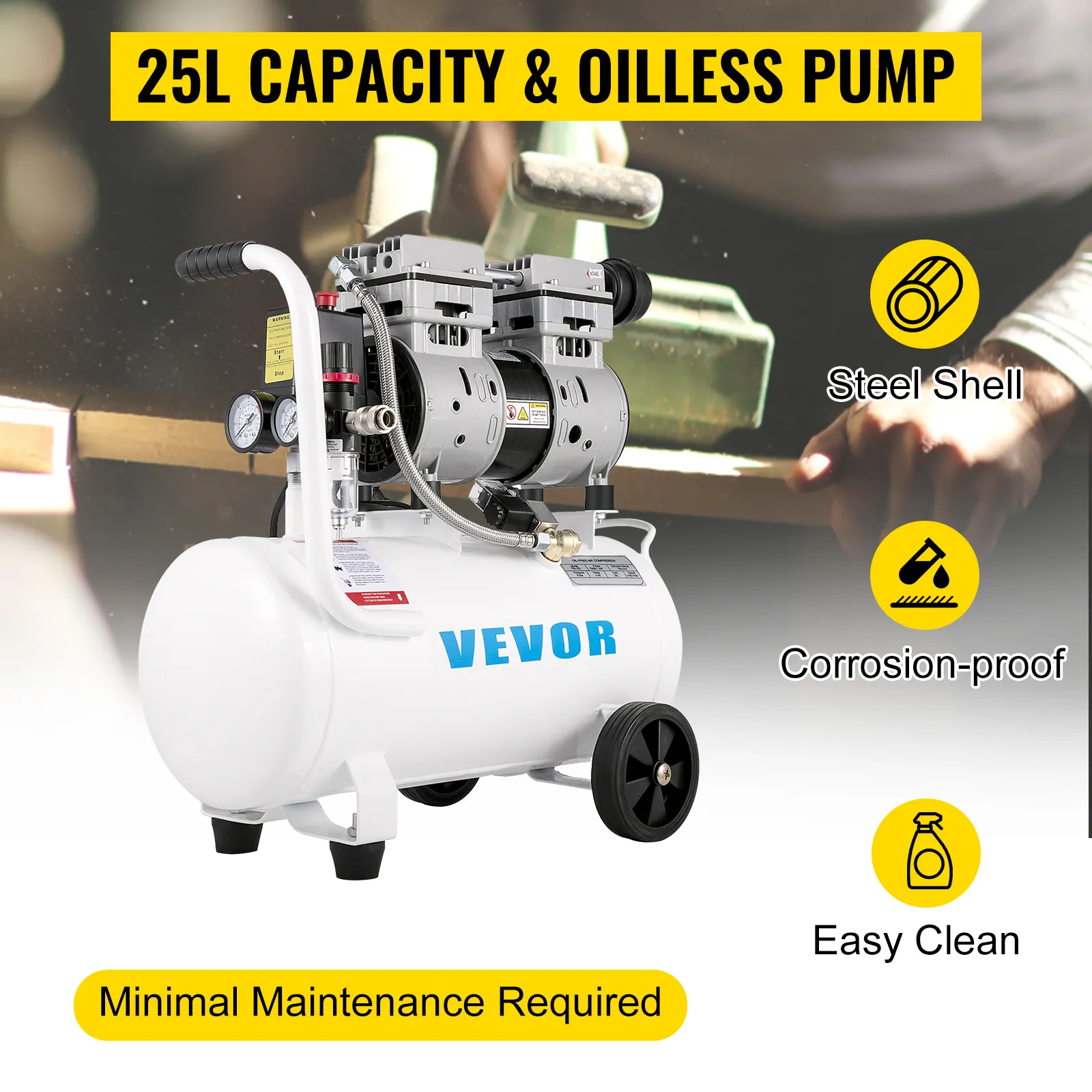VEVOR air compressor with 25l capacity, oilless pump, steel shell, and corrosion-proof design.