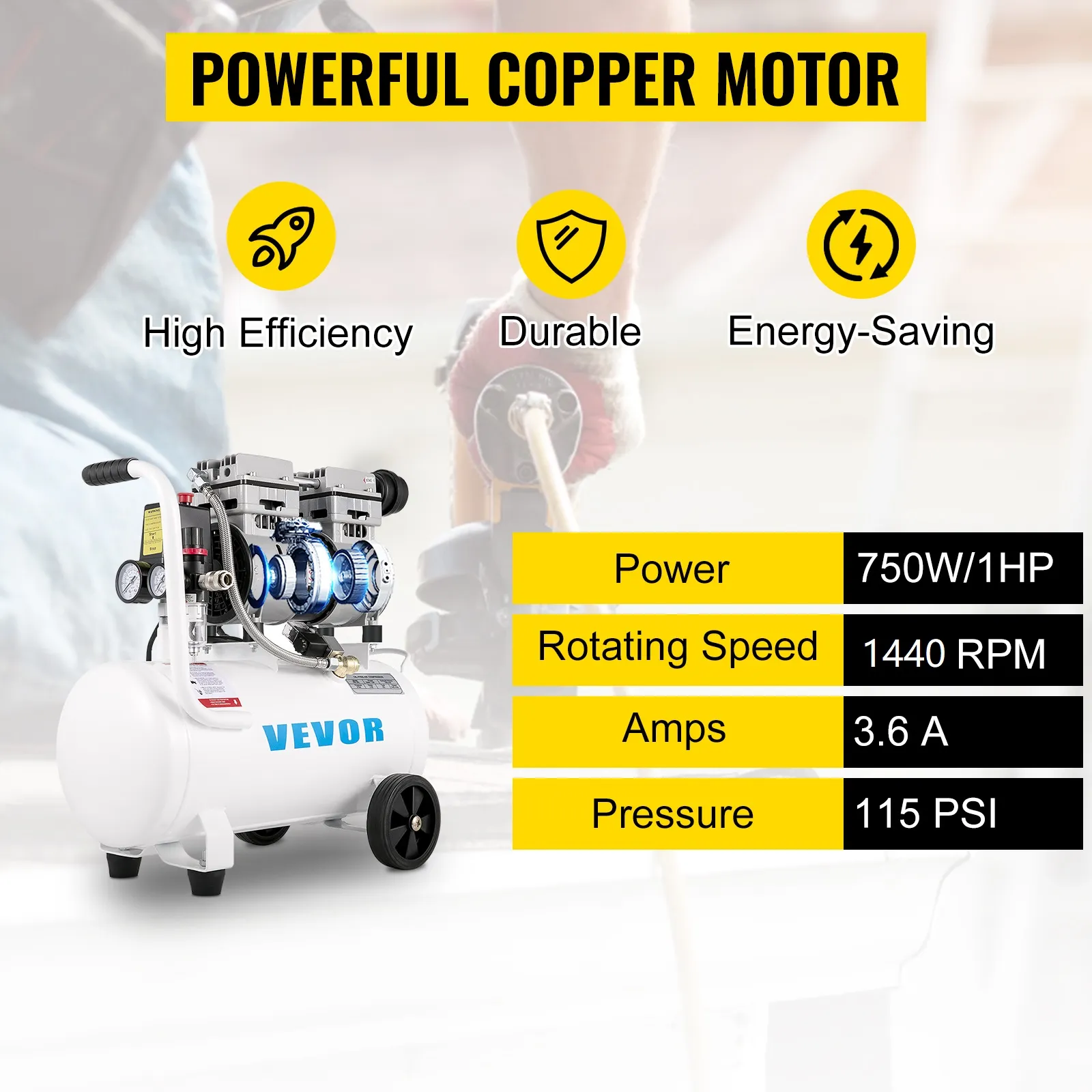 VEVOR air compressor with 750w power, 1760 rpm, 3.6a, 115 psi - durable and efficient.